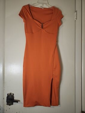 Derek Heart Orange Midi Bodycon Dress with Front Slit